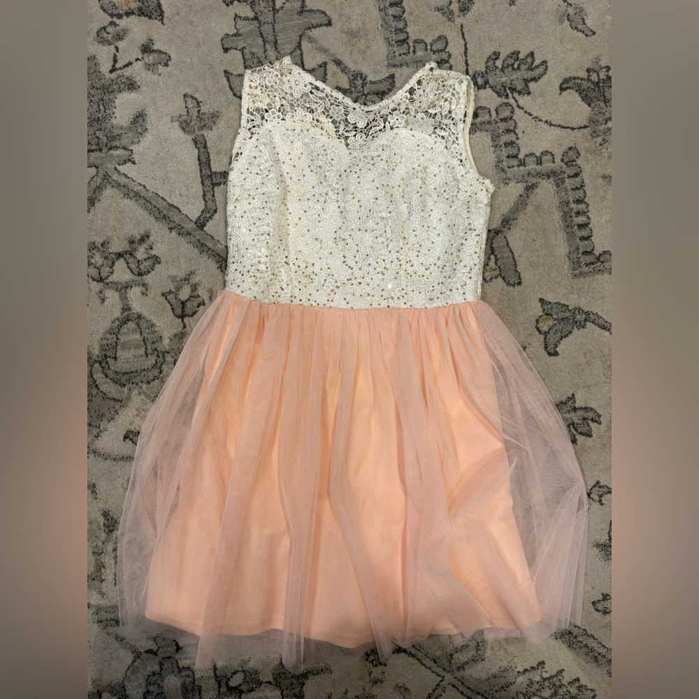 White and Peach Lace Tulle Dress